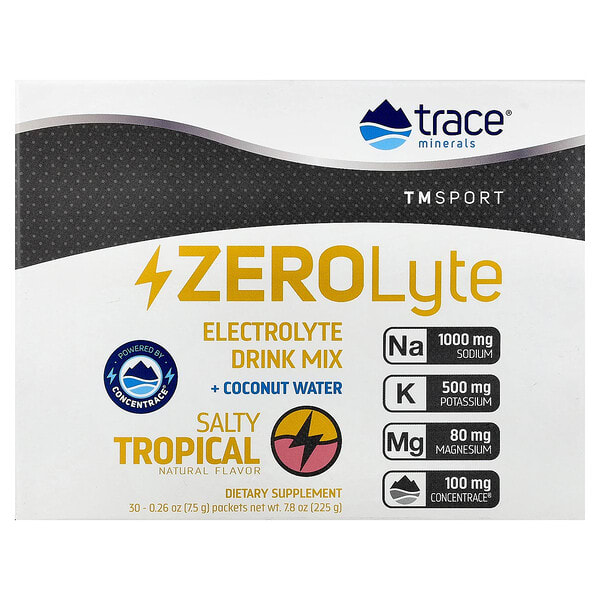 tmr00934_v_22.jpg TM Sport, смесь для приготовления напитков с электролитами ZeroLyte и кокосовой водой, тропическая соль, 30 пакетиков по 7,5 г (0,26 унции) — Trace