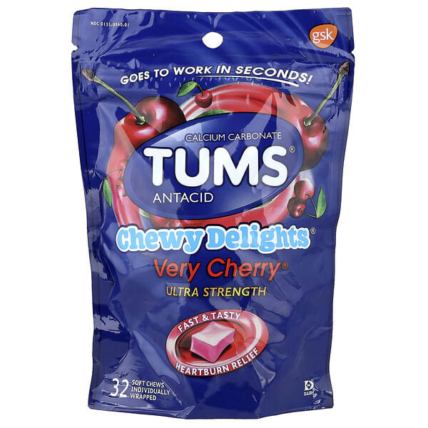 tms49115_v_6.jpg Chewy Delights®, антацид, повышенная сила действия, Every Cherry®, 32 жевательных таблетки (1177 мг в 1 жевательной таблетке) — Tums