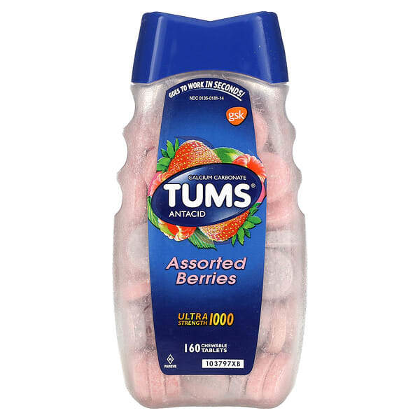 tms74655_v_8.jpg Сверхсильный антацид, ягодное ассорти, 1000 мг, 160 жевательных таблеток — Tums