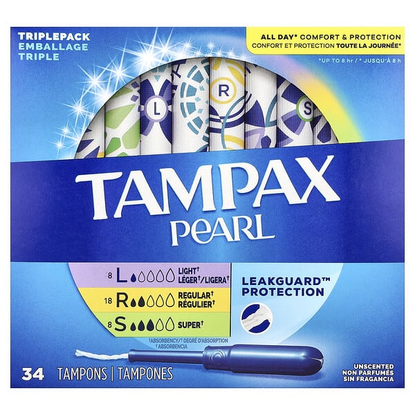 tpx71133_v_37.jpg Tampax, Pearl тампоны, тройная упаковка, легкий / обычный / супер, без запаха, 34 тампона
