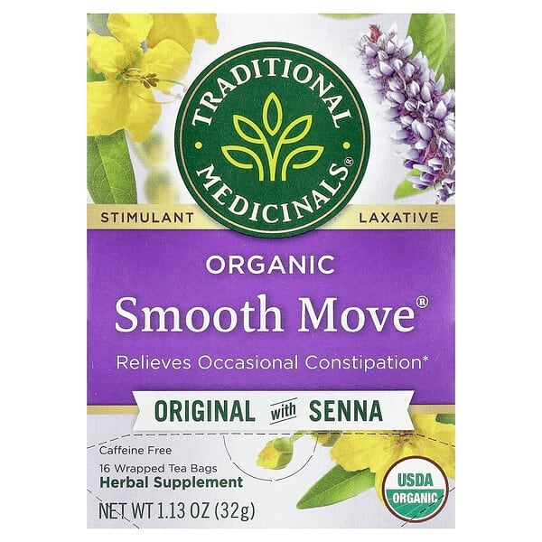 tra00009_v_70.jpg Organic Smooth Move®, оригинальный вкус с сенной, без кофеина, 16 упакованных чайных пакетиков, 32 г (1,13 унции) — Traditional Medicinals