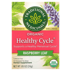 Organic Healthy Cycle®, листья малины, без кофеина, 16 упакованных чайных пакетиков, 24 г (0,85 унции) — Traditional Medicinals