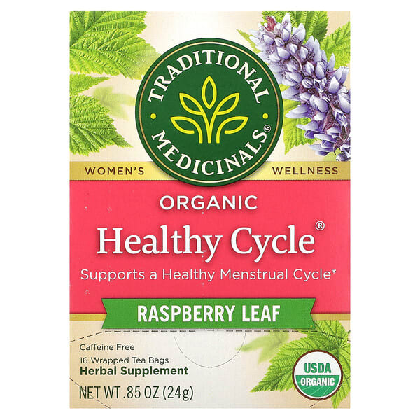 tra00011_v_49.jpg Organic Healthy Cycle®, листья малины, без кофеина, 16 упакованных чайных пакетиков, 24 г (0,85 унции) — Traditional Medicinals