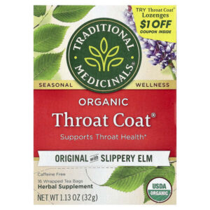 Organic ThroatCoat®, оригинальный продукт со скользким вязом, без кофеина, 16 запеченных чайных пакетиков, 32 г (1,13 унции) — Traditional Medicinals