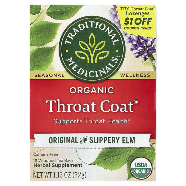 tra00013_v_91.jpg Organic ThroatCoat®, оригинальный продукт со скользким вязом, без кофеина, 16 запеченных чайных пакетиков, 32 г (1,13 унции) — Traditional Medicinals
