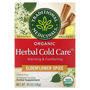Organic Herbal Cold Care™, бузина со специями, без кофеина, 16 чайных пакетиков, 28 г (0,99 унции) — Traditional Medicinals