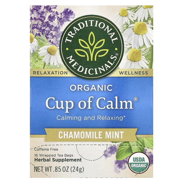 tra00017_v_88.jpg Organic Cup of Calm, ромашка и мята, без кофеина, 16 чайных пакетиков в упаковке, 24 г (0,85 унции) — Traditional Medicinals