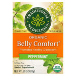 Organic Belly Comfort®, перечная мята, без кофеина, 16 упакованных чайных пакетиков, 28 г (0,99 унции) — Traditional Medicinals