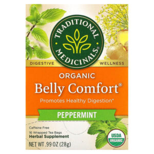 Organic Belly Comfort®, перечная мята, без кофеина, 16 упакованных чайных пакетиков, 28 г (0,99 унции) — Traditional Medicinals