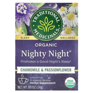 Organic Nighty Night®, ромашка и пассифлора, без кофеина, 16 чайных пакетиков, 24 г (0,85 унции) — Traditional Medicinals