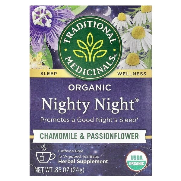 tra00032_v_78.jpg Organic Nighty Night®, ромашка и пассифлора, без кофеина, 16 чайных пакетиков, 24 г (0,85 унции) — Traditional Medicinals