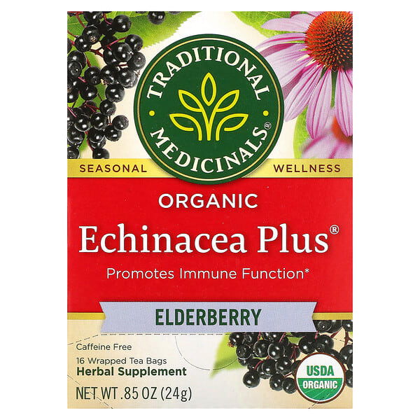 tra00154_v_58.jpg Organic Echinacea Plus®, бузина, без кофеина, 16 чайных пакетиков, 24 г (0,85 унции) — Traditional Medicinals