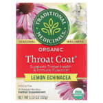 Organic Throat Cover®, лимон и эхинацея, без кофеина, 16 чайных пакетиков, 32 г (1,13 унции) — Traditional Medicinals