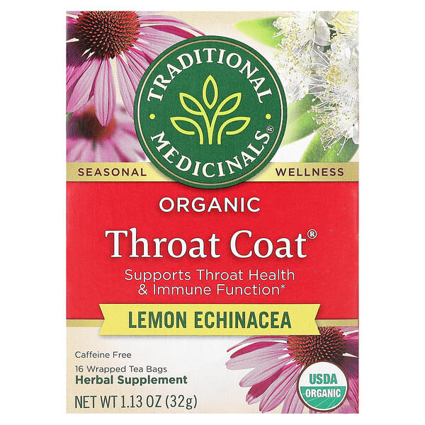 tra00159_v_35.jpg Organic Throat Cover®, лимон и эхинацея, без кофеина, 16 чайных пакетиков, 32 г (1,13 унции) — Traditional Medicinals