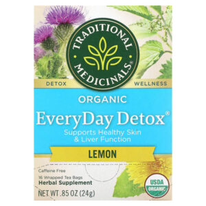 Organic EveryDay Detox®, со вкусом лимона, без кофеина, 16 упакованных чайных пакетиков, 24 г (0,85 унции) — Traditional Medicinals