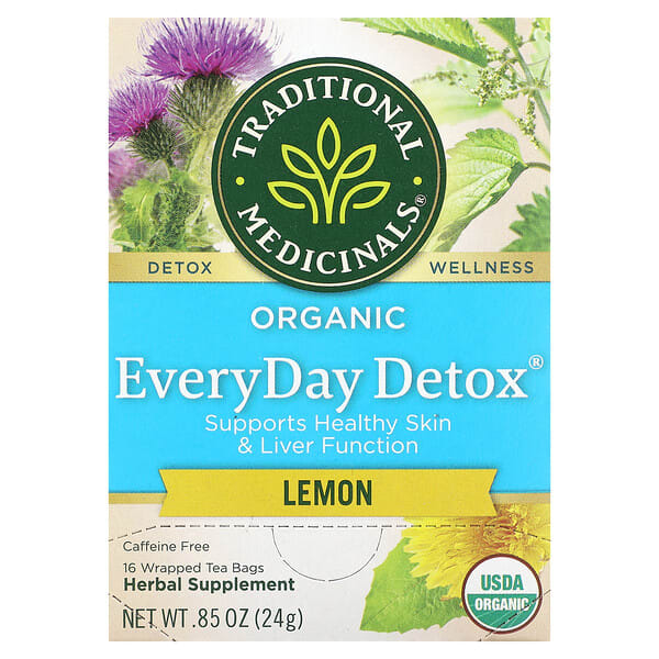 tra00197_v_33.jpg Organic EveryDay Detox®, со вкусом лимона, без кофеина, 16 упакованных чайных пакетиков, 24 г (0,85 унции) — Traditional Medicinals