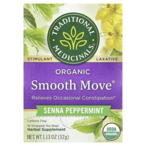 Organic Smooth Move®, перечная мята сенна, без кофеина, 16 упакованных чайных пакетиков, 32 г (1,13 унции) — Traditional Medicinals