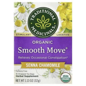 Organic Smooth Move®, сенна и ромашка, без кофеина, 16 упакованных чайных пакетиков, 32 г (1,13 унции) — Traditional Medicinals