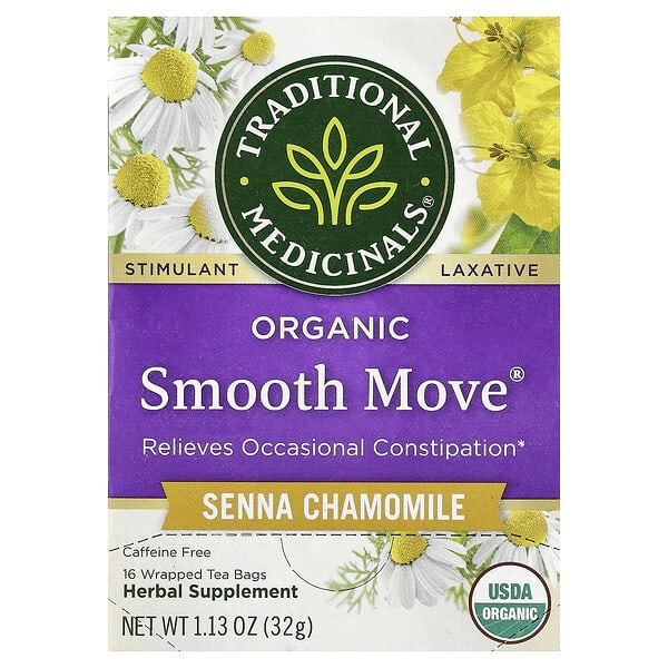 tra00201_v_75.jpg Organic Smooth Move®, сенна и ромашка, без кофеина, 16 упакованных чайных пакетиков, 32 г (1,13 унции) — Traditional Medicinals