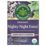 Organic Nighty Night Extra®, мелисса лекарственная и валериана, без кофеина, 16 чайных пакетиков, 24 г (0,85 унции) — Traditional Medicinals