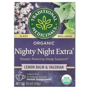 Organic Nighty Night Extra®, мелисса лекарственная и валериана, без кофеина, 16 чайных пакетиков, 24 г (0,85 унции) — Traditional Medicinals
