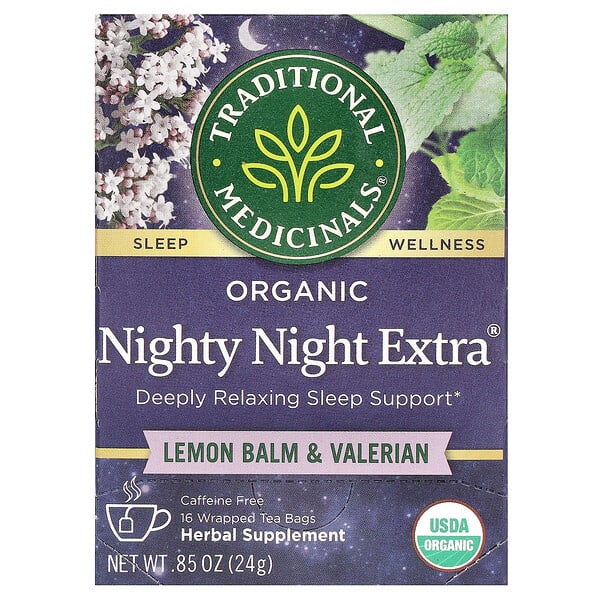 tra00219_v_58.jpg Organic Nighty Night Extra®, мелисса лекарственная и валериана, без кофеина, 16 чайных пакетиков, 24 г (0,85 унции) — Traditional Medicinals