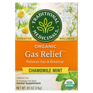 Organic Gas Relief™, ромашка и мята, без кофеина, 16 упакованных чайных пакетиков, 24 г (0,85 унции) — Traditional Medicinals