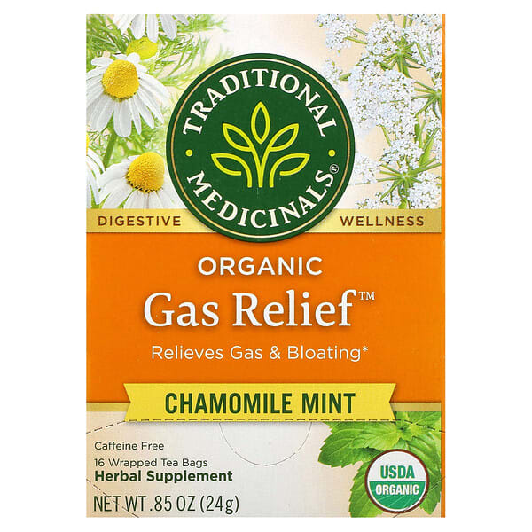 tra00221_v_54.jpg Organic Gas Relief™, ромашка и мята, без кофеина, 16 упакованных чайных пакетиков, 24 г (0,85 унции) — Traditional Medicinals
