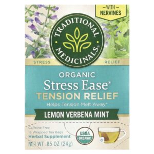 Organic Stress Ease®, средство для снятия напряжения, лимонная вербена и мята, без кофеина, 16 чайных пакетиков в упаковке, 24 г (0,85 унции) — Traditional Medicinals