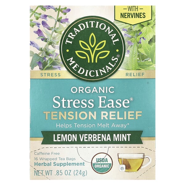 tra00247_v_21.jpg Organic Stress Ease®, средство для снятия напряжения, лимонная вербена и мята, без кофеина, 16 чайных пакетиков в упаковке, 24 г (0,85 унции) — Traditional Medicinals