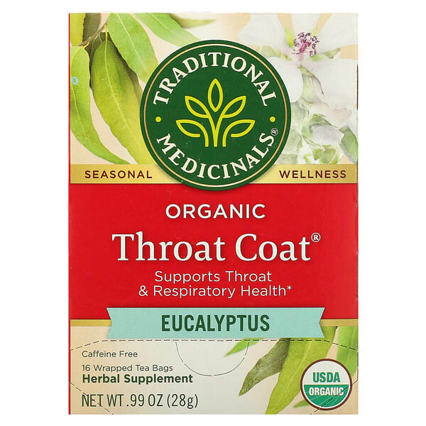 tra00298_v_21.jpg Organic Throat Cover®, эвкалипт, без кофеина, 16 упакованных чайных пакетиков, 28 г (0,99 унции) — Traditional Medicinals