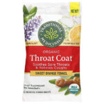 Organic Throat Coat®, сладкий апельсин и фенхель, 16 леденцов от кашля с ментолом — Traditional Medicinals
