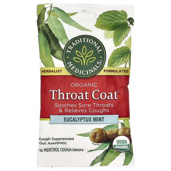 tra00701_v_6.jpg Organic Throat Coat®, леденцы от кашля с эвкалиптом и мятой, 16 шт. — Traditional Medicinals
