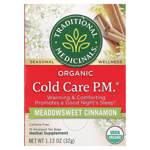 tra00732_v_32.jpg Organic Cold Care PM, таволга и корица, без кофеина, 16 чайных пакетиков в упаковке, 32 г (1,13 унции) — Traditional Medicinals