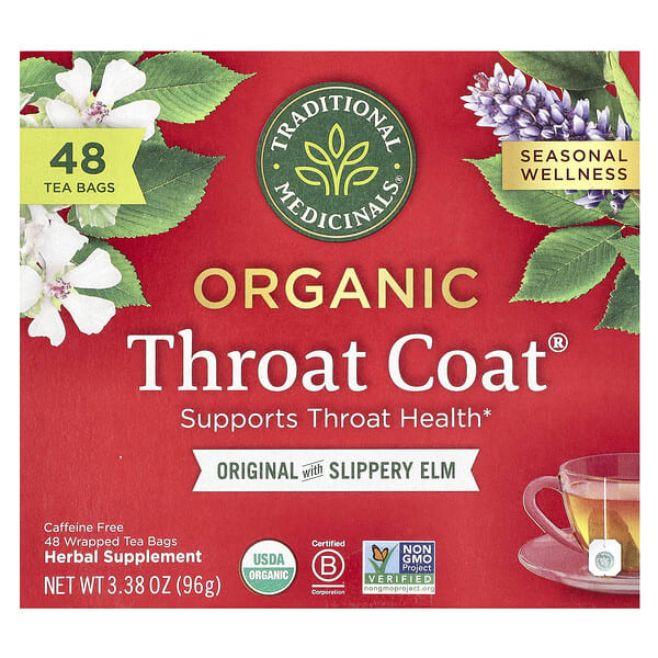 tra00827_v_18.jpg Organic Throat Coat®, Original со скользким вязом, без кофеина, 48 чайных пакетиков в упаковке, 96 г (3,38 унции) — Traditional Medicinals