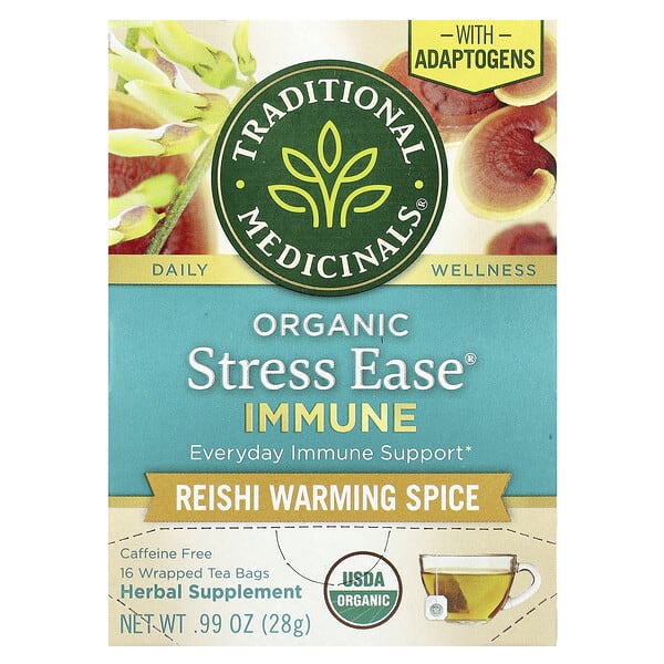tra00835_v_17.jpg Organic Stress Ease® Immune, согревающая приправа с грибами рейши, без кофеина, 16 чайных пакетиков в упаковке, 28 г (0,99 унции) — Traditional Medicinals