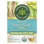 Organic Stress Ease® Focus, женьшень, дикое яблоко и мята, без кофеина, 16 чайных пакетиков в упаковке, 28 г (0,99 унции) — Traditional Medicinals