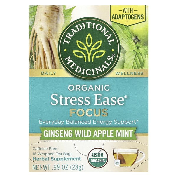 tra00836_v_10.jpg Organic Stress Ease® Focus, женьшень, дикое яблоко и мята, без кофеина, 16 чайных пакетиков в упаковке, 28 г (0,99 унции) — Traditional Medicinals