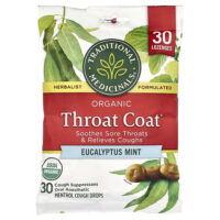 Organic Throat Coat®, эвкалиптовая мята, 30 леденцов от кашля с ментолом — Traditional Medicinals