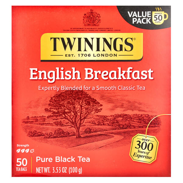 twn05115_v_40.jpg Pure Black Tea, English Breakfast, 50 чайных пакетиков, 100 г (3,53 унции) — Twinings