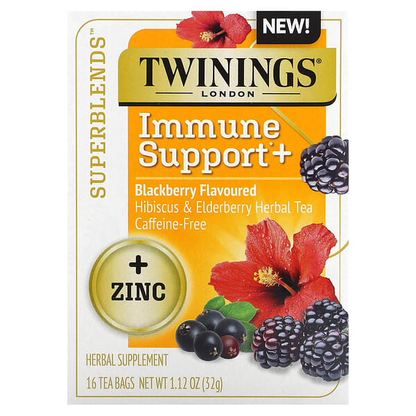 twn23017_v_10.jpg Superblends™, поддержка иммунитета, травяной чай с гибискусом и бузиной, ежевика, без кофеина, 16 чайных пакетиков, 32 г (1,12 унции) — Twinings