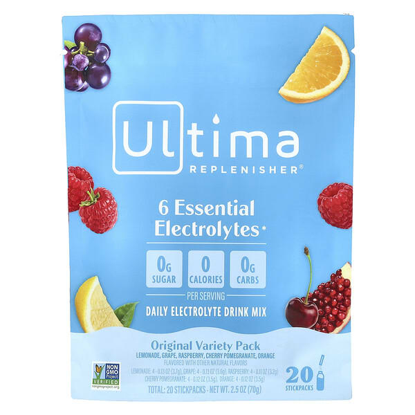 uhp00007_v_16.jpg 6 Essential Electrolytes, смесь для приготовления электролитического напитка для ежедневного приема, оригинальный ассорти, 20 стик-пакетов, 70 г (2,5 унции) — Ultima Replenisher
