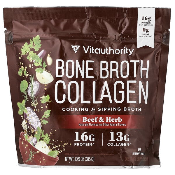 vau64110_v_4.jpg Bone Broth Collagen, коллаген для приготовления блюд и питья, говядина и травы, 315 г (10,9 унции) — Vitauthority