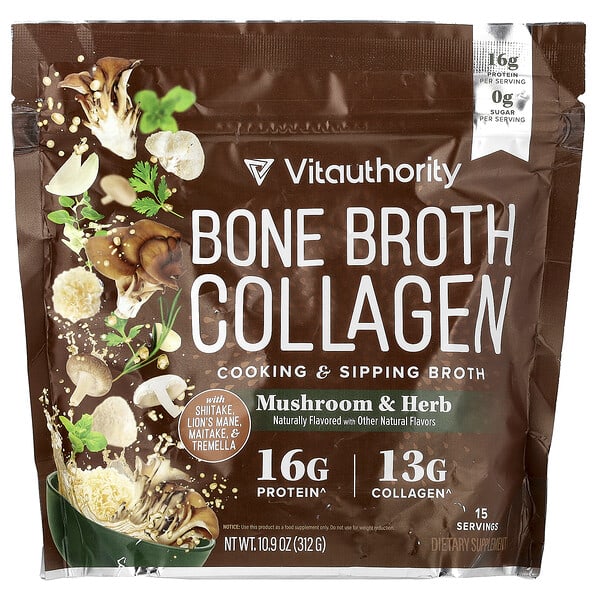 vau64111_v_4.jpg Bone Broth Collagen, коллаген для приготовления блюд и питья, грибы и травы, 312 г (10,9 унции) — Vitauthority