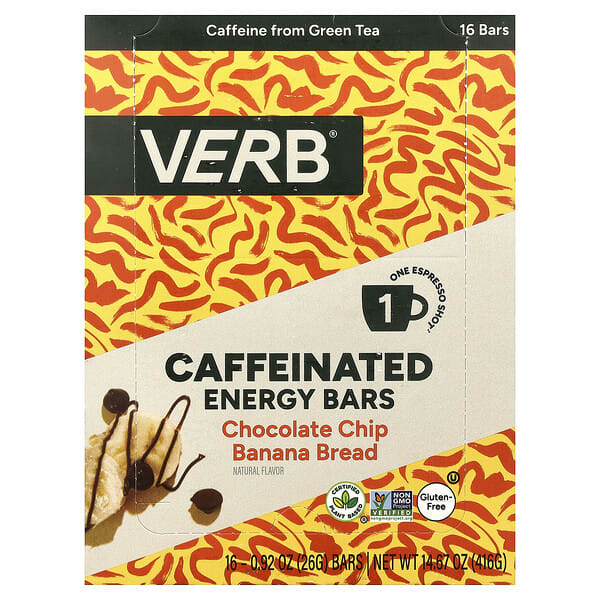 vbe38772_v_20.jpg Verb Energy, Caffeinated Energy Bar, Chocolate Chip Banana Bread, 16 Bars, 0.92 oz (26 g) Each