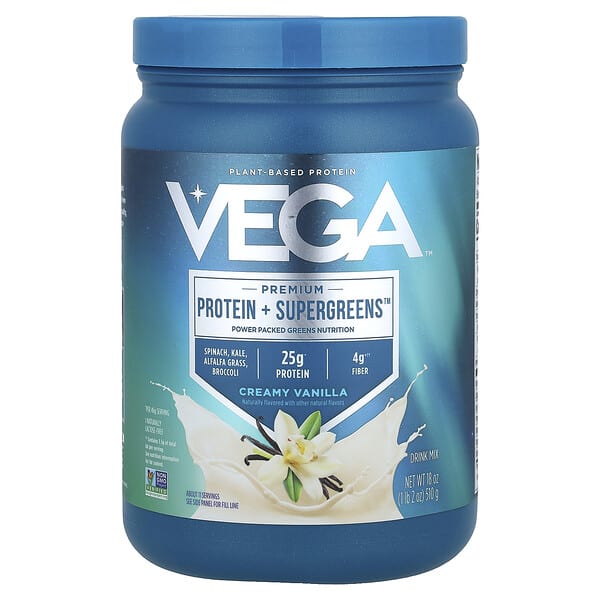 veg00141_v_32.jpg Premium, Protein + Supergreens™, протеиновая добавка с зеленью, сливочная ваниль, 510 г (1 фунт 2 унции) — Vega