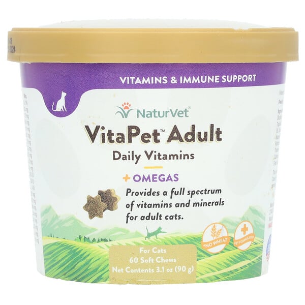 vet03643_v_25.jpg VitaPet Adult, ежедневные витамины и омега, для кошек, 60 жевательных таблеток, 90 г (3,1 унции) — NaturVet