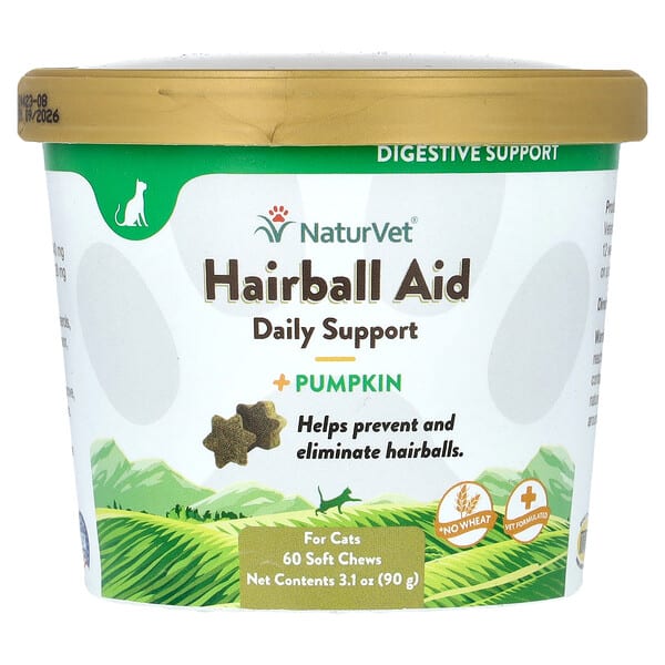 vet03646_v_24.jpg Hairball Aid, ежедневная поддержка, тыква, для кошек, 60 жевательных таблеток, 90 г (3,1 унции) — NaturVet