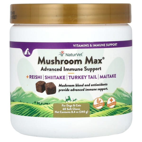 vet03731_v_24.jpg Mushroom Max, улучшенная поддержка иммунитета с индюковидным хвостом, для собак и кошек, 60 жевательных таблеток, 240 г (8,4 унции) — NaturVet