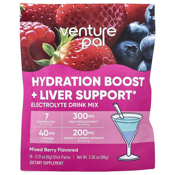 vpc66350_v_3.jpg Hydration Boost + поддержка печени, смесь для приготовления электролитического напитка, со вкусом ягодного ассорти, 16 пакетиков-стиков по 6 г (0,21 унции) — Venture Pal